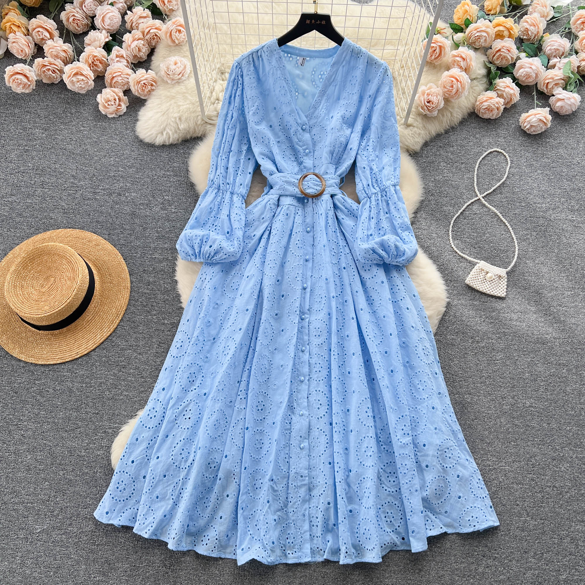 Casual Dresses French Cut Out Embroidery Long Sleeved Single Breasted V-neck Slim A-line Dress Women Fashion Solid Color Elegant Vestidos 2023