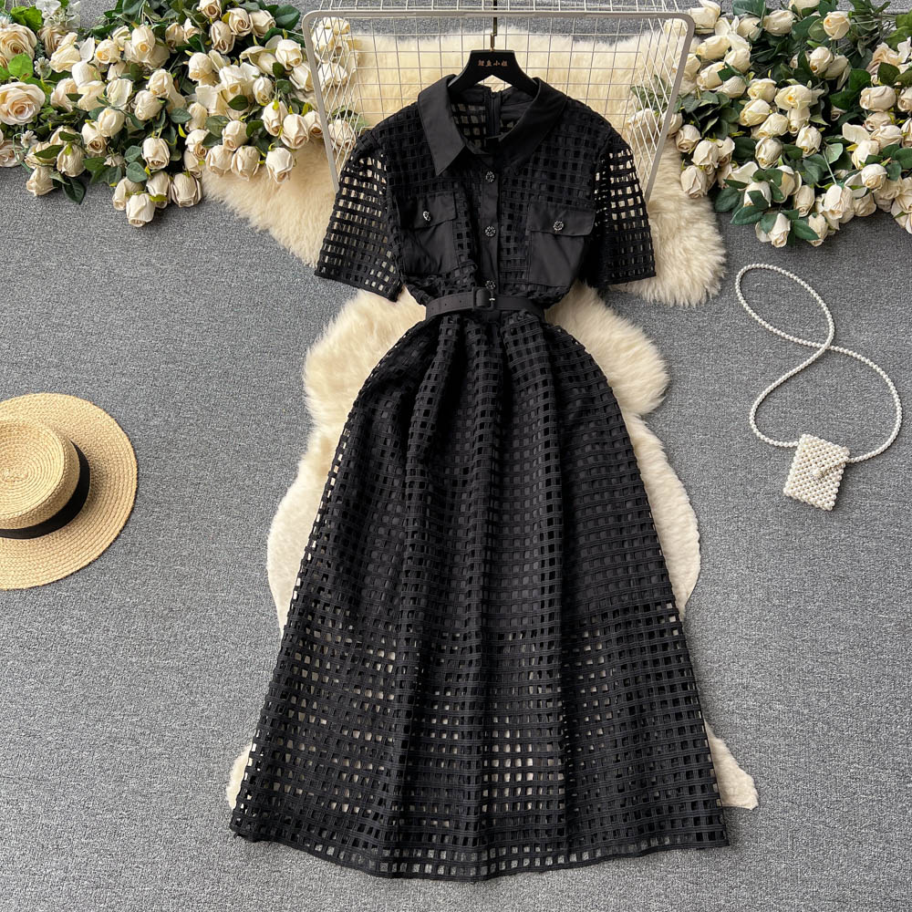 Casual Dresses New Fashion Openwork Lace-up midja Slim Black Short Sleeved A-Line Dress Women Lapel Solid Color Elegant Clothes Vestidos 2023