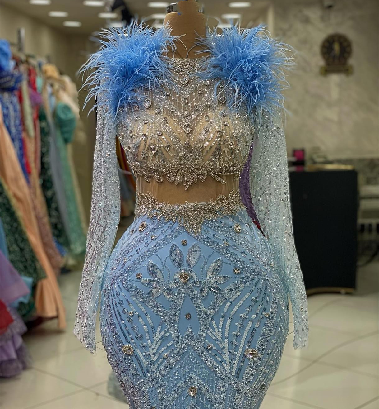 2023 ASO EBI Sky Blue Mermaid Prom Dress Pärled Crystals Evening Formal Party Second Reception Birthday Bridesmaid Engagementklänningar Klänningar Robe de Soiree ZJ682