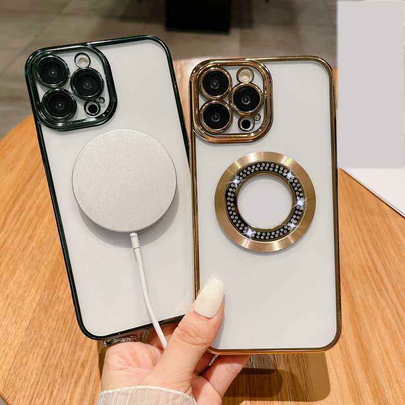 Magnetic Wireless Charging Cases For Iphone 15 14 Plus 13 Pro Max 12 11 Luxury Bling Diamond CD Soft TPU Plating Lens Protector Metallic Chromed Phone Fine Hole Cover