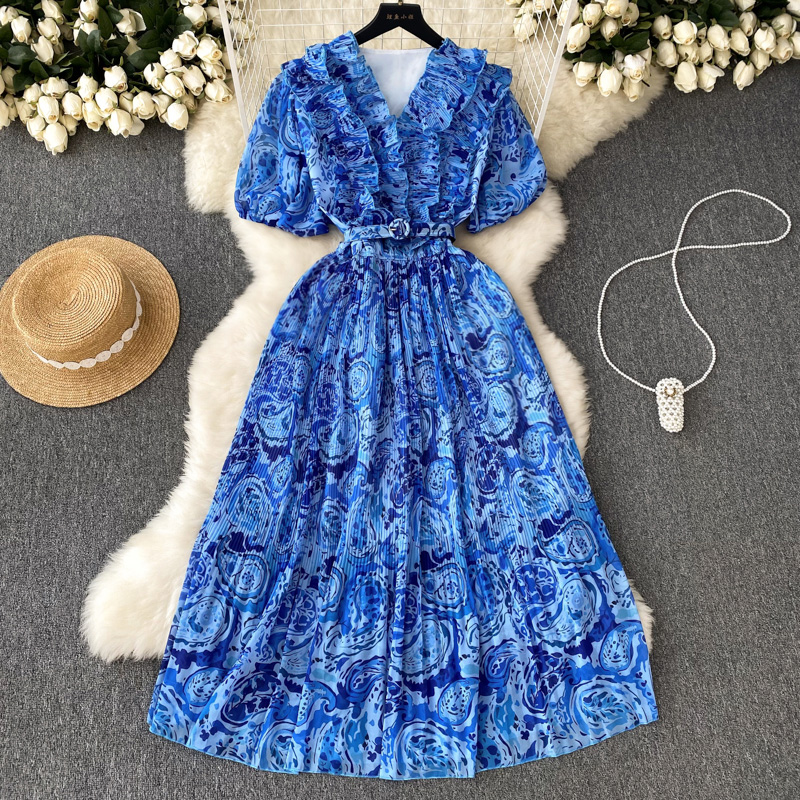 Casual Dresses Chiffon Pleated Dress 2023 New Fashion Women V Neck Wood Ear Holiday Floral Print Short Sleeve Vintage Clothes Vestidos