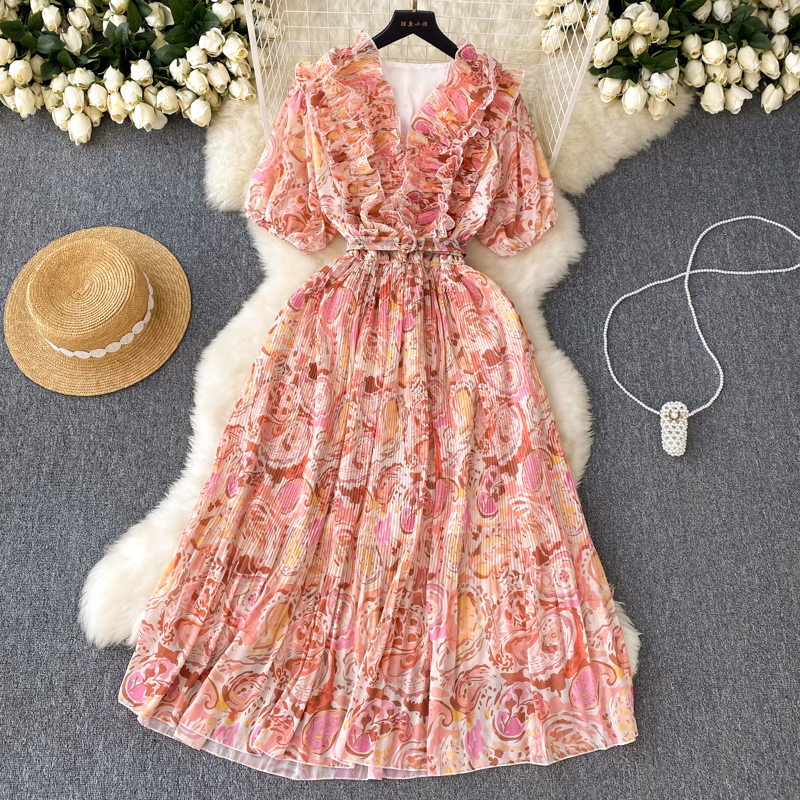 Casual Dresses Chiffon Pleated Dress 2023 New Fashion Women V Neck Wood Ear Holiday Floral Print Short Sleeve Vintage Clothes Vestidos