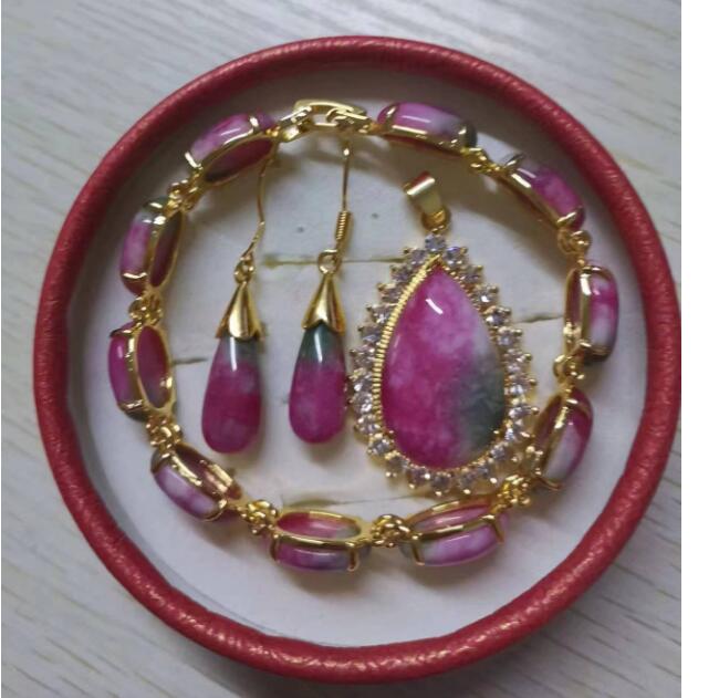 Pink Peach Blossom Jade 18k gold filled link pendant necklace bracelet earrings set 3-piece jewelry set