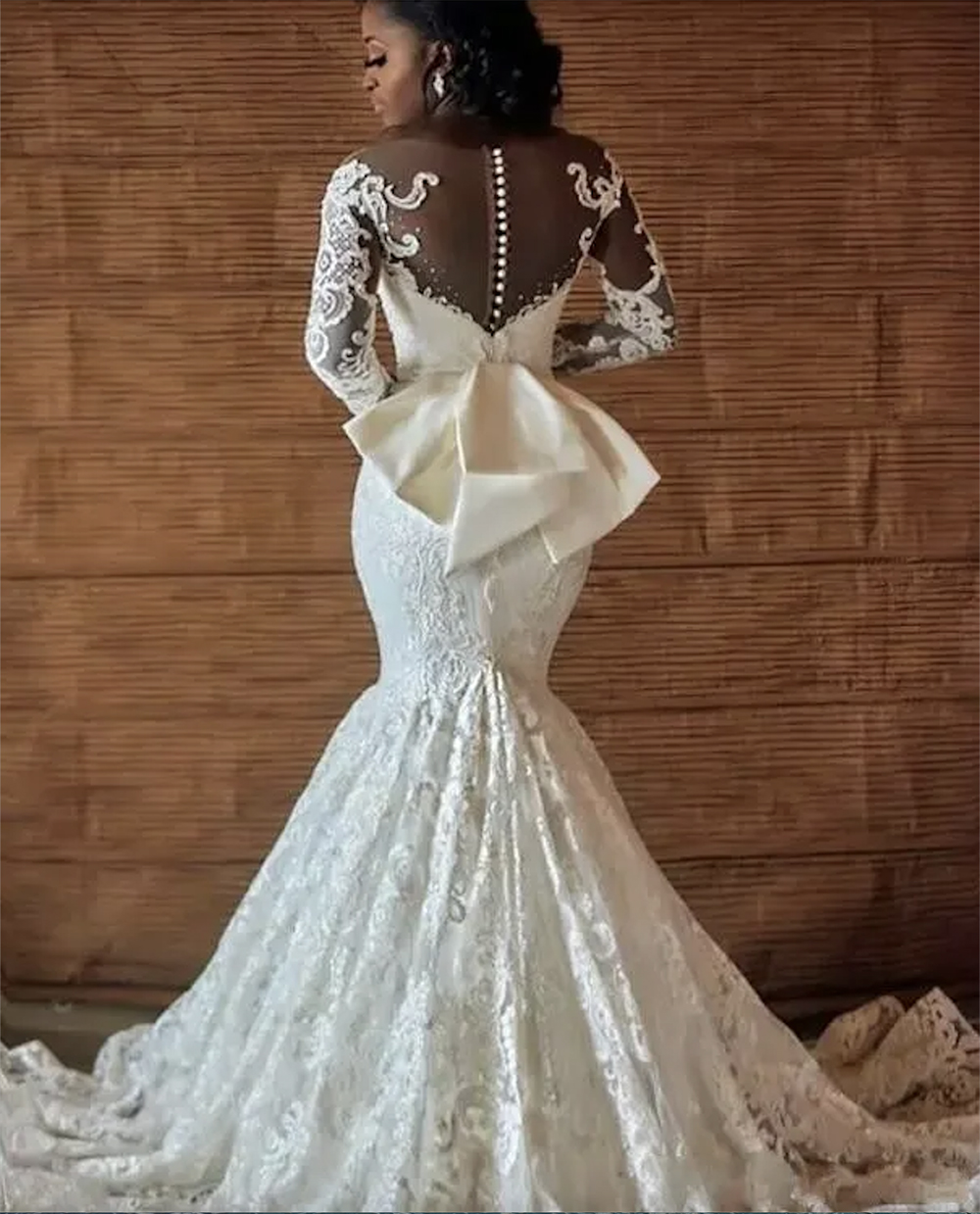 Abiti da sposa nigeriani in pizzo pieno africano con fiocco posteriore che borda maniche lunghe 2023 Abiti da sposa da sposa con fidanzamento a sirena avorio