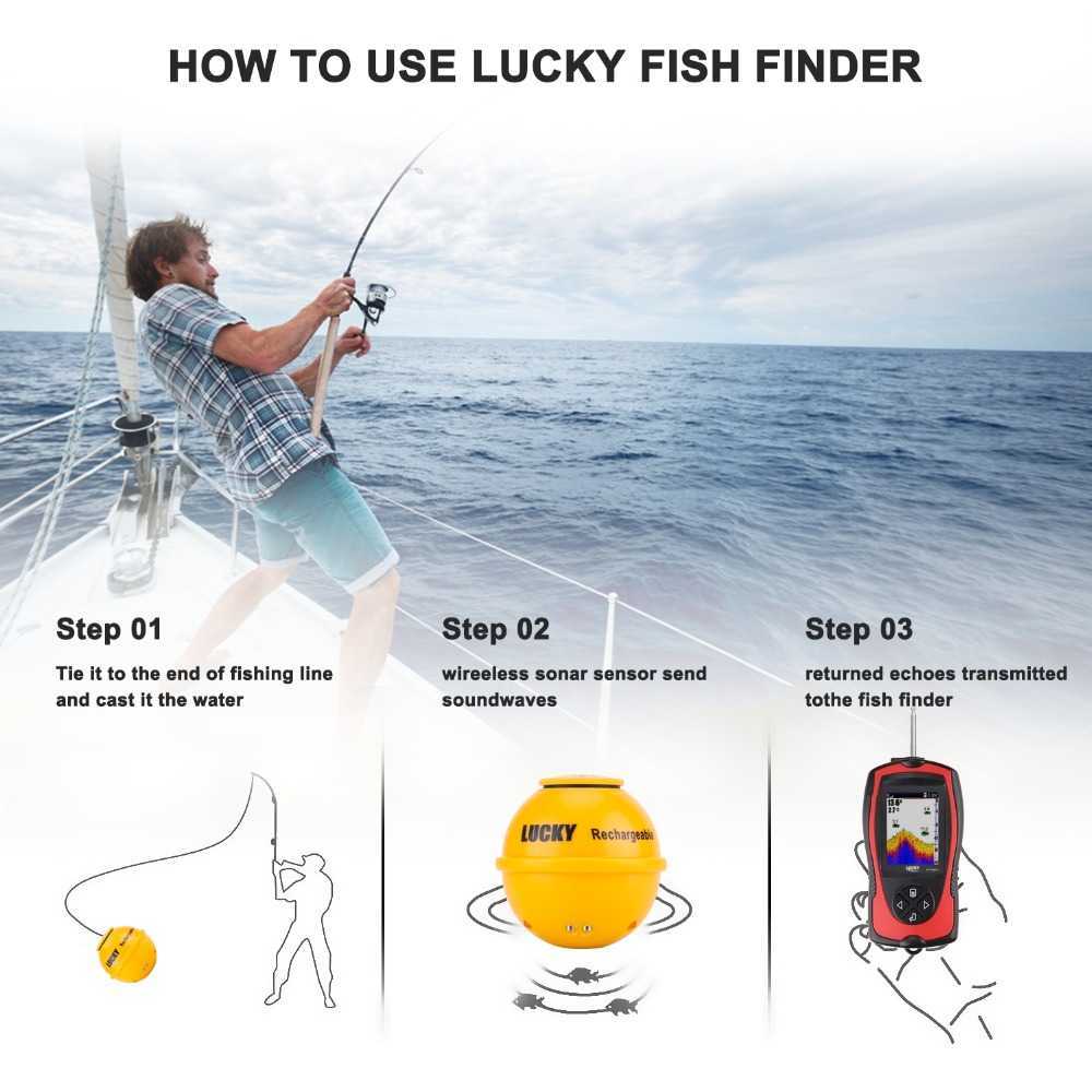 Fish Finder Lucky Trådlöst ekolod Ekolod Larmsensor Vattendjup fiskstorlek med LCD-färgskärm Pesca Deeper Fishfinder fiskedrag HKD230703