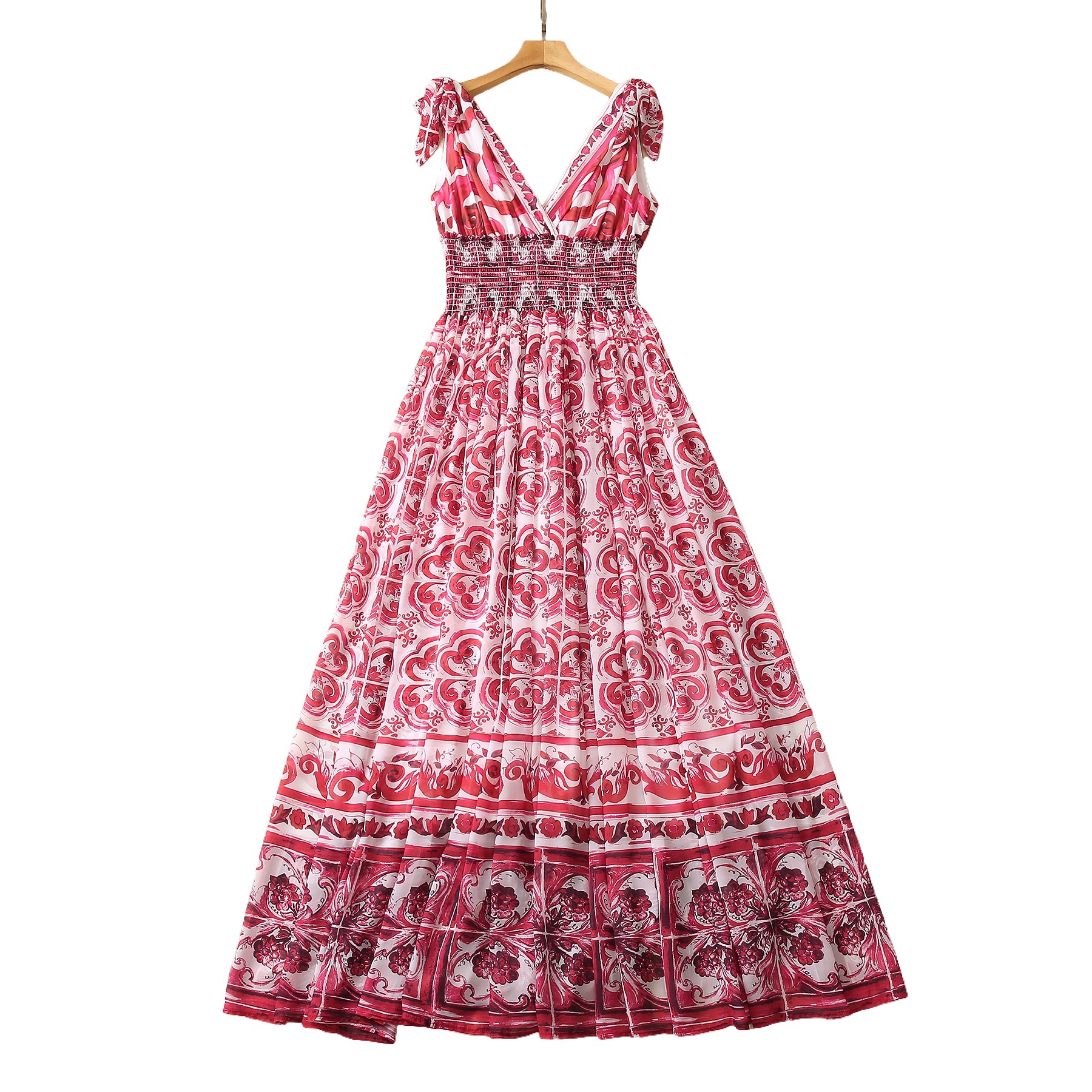 2023 Summer Red Paisley Print Panelled Chiffon Dress Short Sleeve Peter Pan Neck Floor Length Casual Dresses S3Q020628 Plus Size XXL