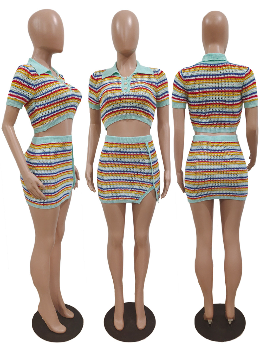 新人デザイナーニットドレスセット夏の女性の服装半袖ターンダウン襟クロップトップミニスカートカジュアルストライプツーピースセットバルク卸売衣類 9977