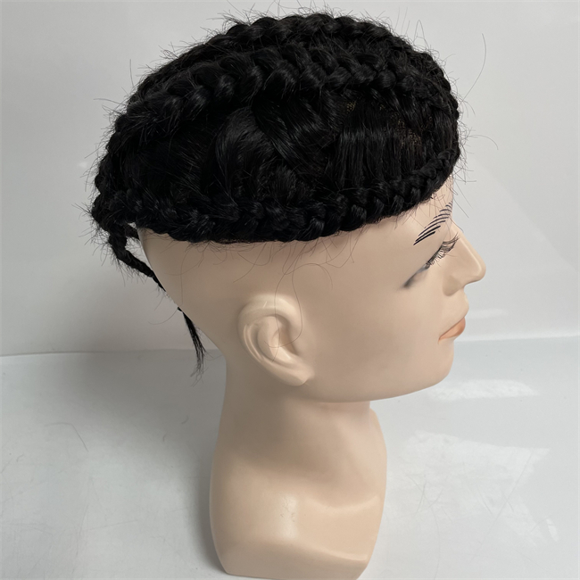 6 tum Brazilian Virgin Människohår Replacement #1b Black 7x9 Mono Lace with NPU Braids Toupee for Black Men