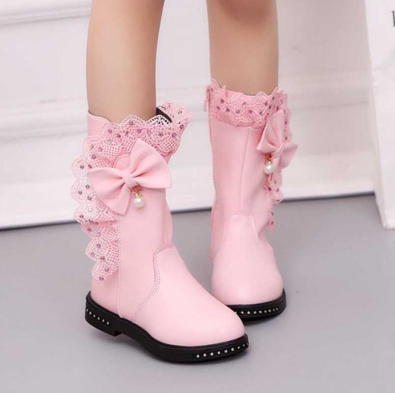 Sneakers Children Pu Leather Boots Girls Rhinestone Flower Fashion Plush Long Boots Autumn Winter Kids Princess Warm Mid-calf Snow BootsHKD230701