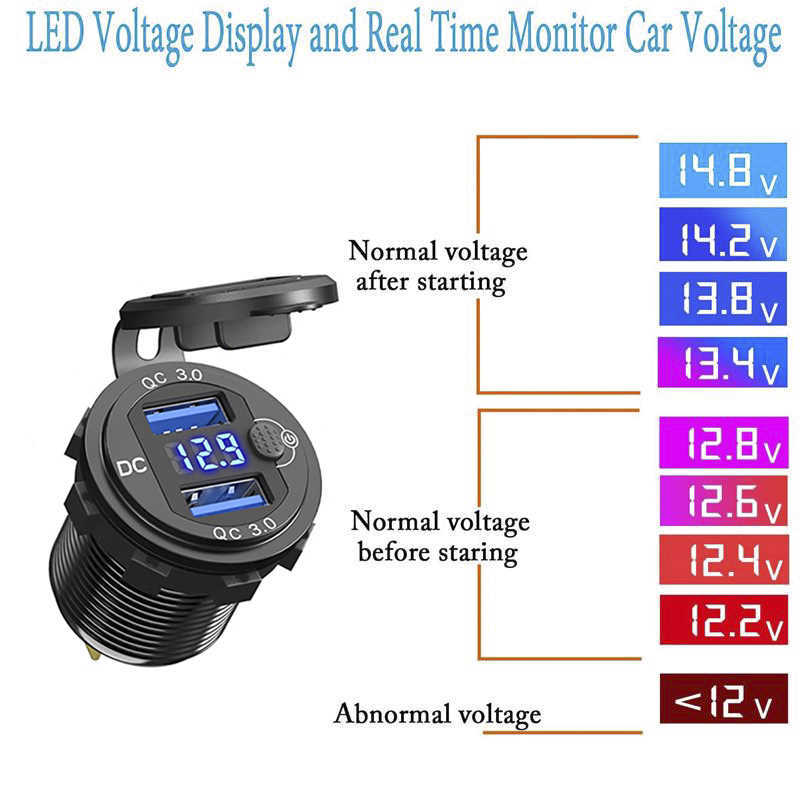 Nuovo 12 / 24V Alluminio Metallo 36W QC3.0 Dual USB Caricabatteria da auto motore Impermeabile con interruttore voltmetro Adattatore di ricarica rapida veloce