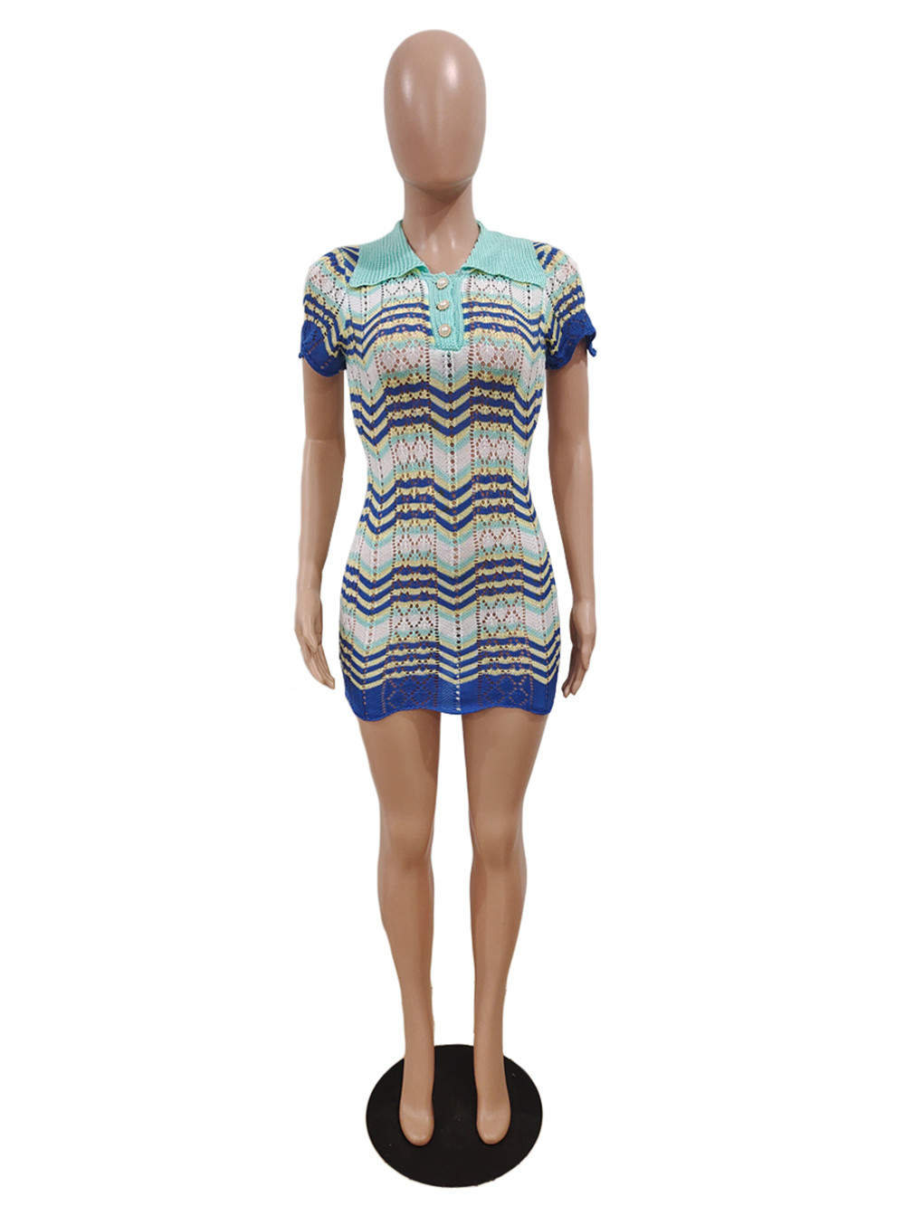 NYA Designer Stickade Klänningar Sommar Kvinnor Stripped Bodycon Klänning Kortärmad Turn Down Krage Stickning Miniklänningar Bulkartiklar Partihandel Kläder 9978