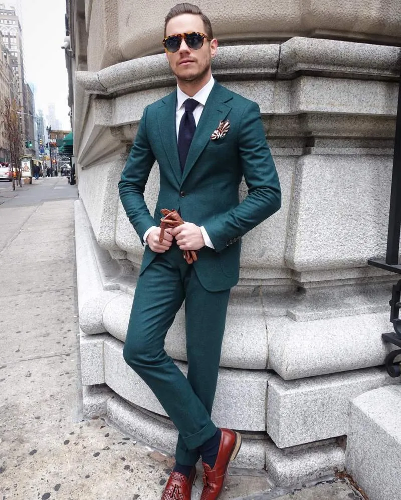 Fashion Hunter Green Mens Suits Slim Fit One Button Grooms Wedding Tuxedos Cheap Two Pieces Custom Suit Jacket+Pants