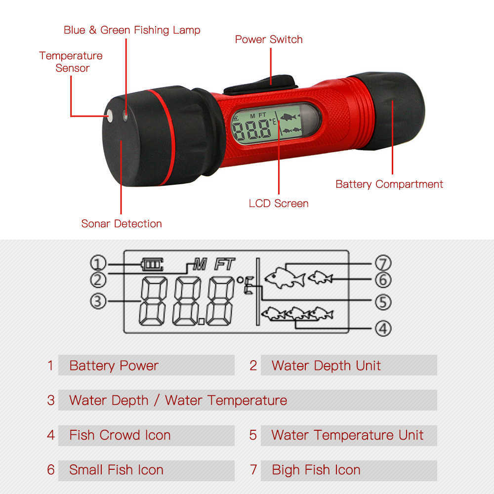 Fish Finder Erchang F12 Sonar Ice Fishing Fishfinder with LED Underwater Light Wireless Handheld Fishfinder with 0.8-90m Detection Depth HKD230703