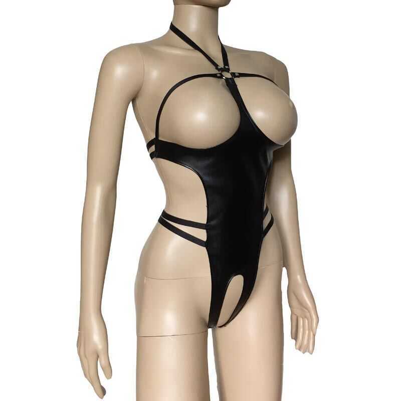 Sexy Set Sexy Women Faux Leather Open Cup Body Harness Teddies Crotchless Bikini Back Bodysuit Mistress Fetish CostumeHKD230703