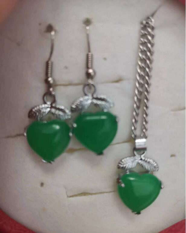 amour coeur vert malais jade 925 argent pendentif collier boucles d'oreilles ensemble 2 pièces ensemble de bijoux