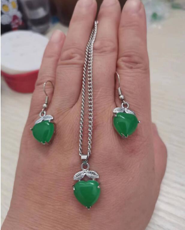 amour coeur vert malais jade 925 argent pendentif collier boucles d'oreilles ensemble 2 pièces ensemble de bijoux