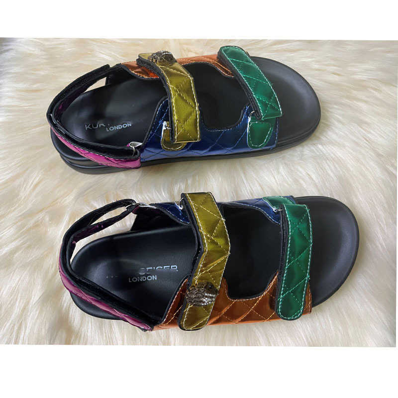 Damenmode Kurt Geiger Sandalen Plateaupantoffeln Nähte Luxus Regenbogen Sommer Flache Strandsandale Designer Slides Flache Schuhe Adlerkopf Diamant Hakenschlaufe