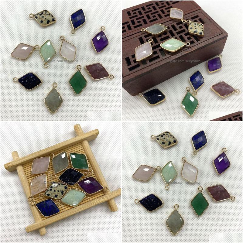 Charms 15x25mm Natural Crystal Stone Rhombus Green Blue Rose Quartz Pendants Gold Edge Trendy för halsbandörhängen smycken som gör Dhmqi