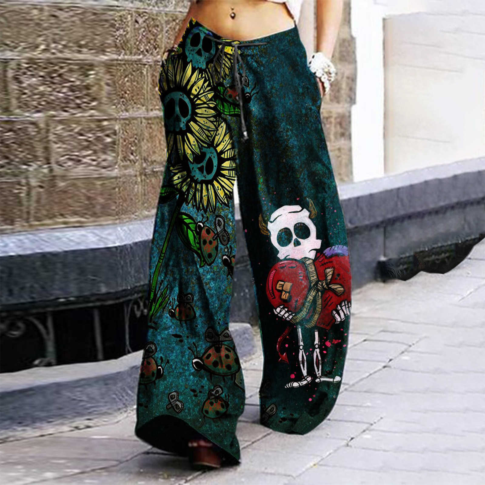 Capris High Waist Wide Leg 2021 Summer Fashion Women's Badge Skull Rose Print Pants Ultra Thin Hippie Bohemian Trousers Streetwear#f3 HDK230703