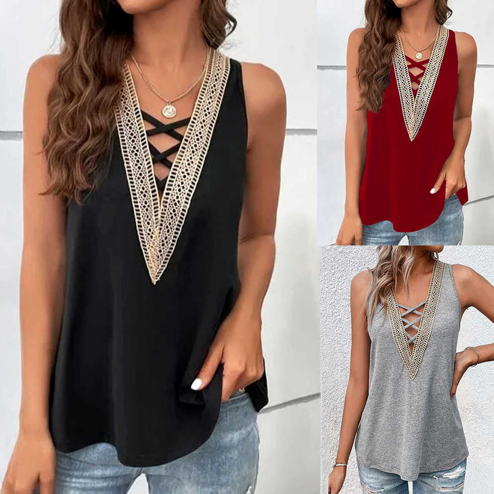 2023 Summer Womens V-neck Lace Loose Top Temperament Commuter Tank Top Shirt For Women Random 