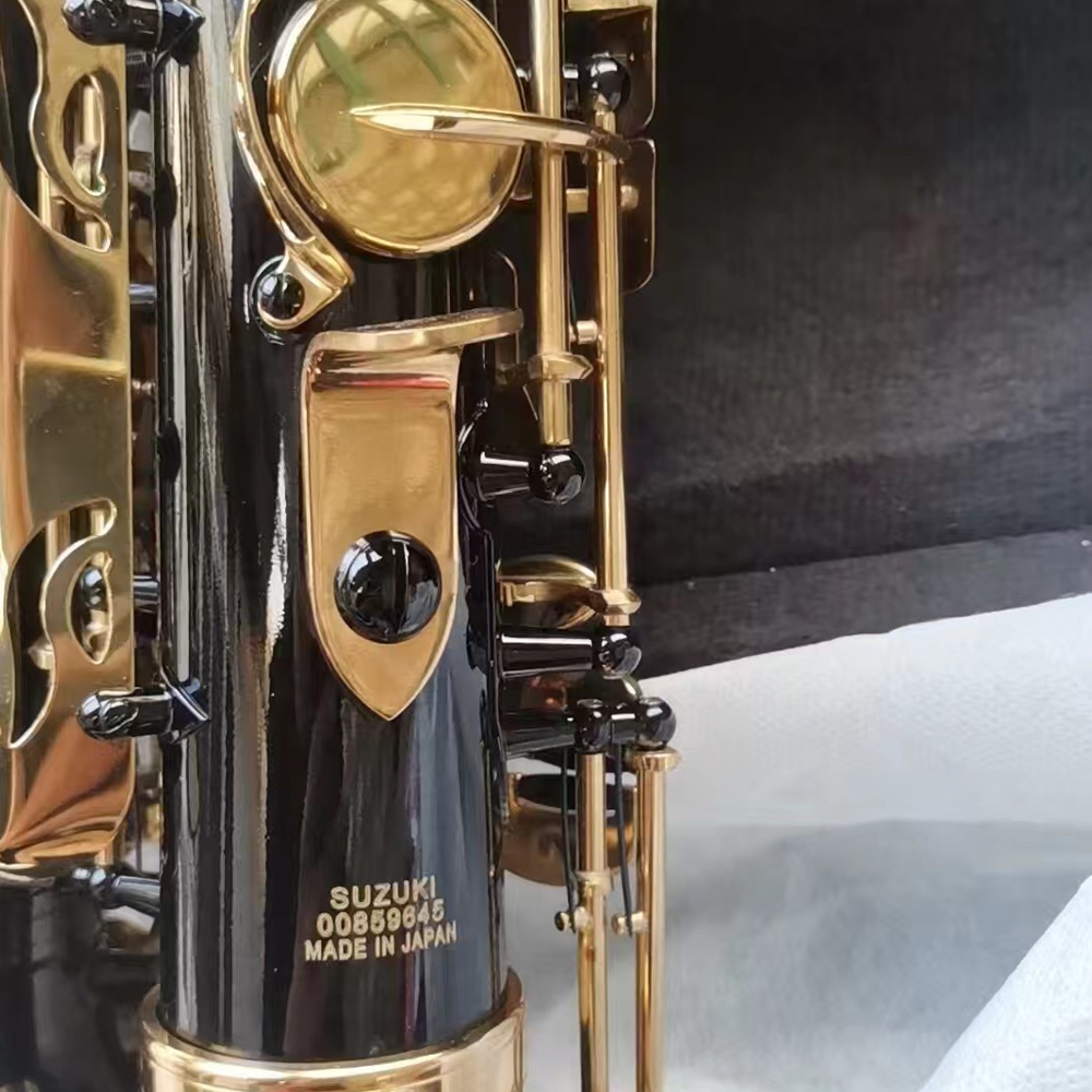 Ny ankomst japansk Suzuki altsaxofon E-platt mässing nickelpläterade abalone nycklar svart kropp guld nyckel jazzinstrument med tillbehör