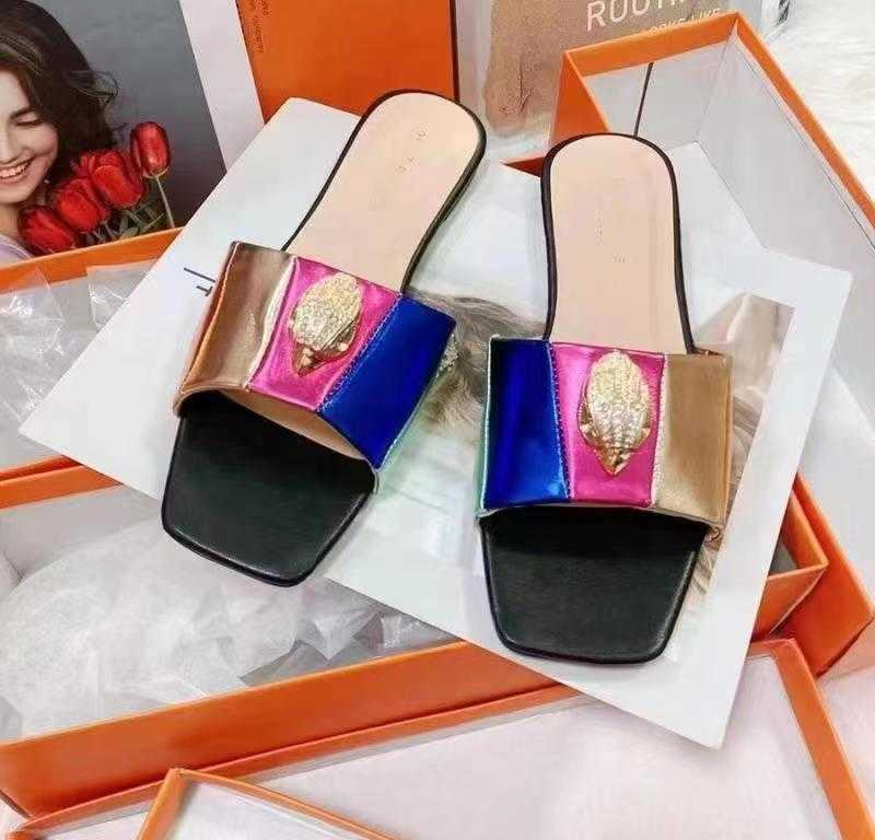 Designer slipper Womens Fashion Kurt Geiger Summer Flat Bottom Slippers Splice Rainbow Sandals Designer Shoes Eagle Head Inlaid Diamond Slipper stylisheendibags