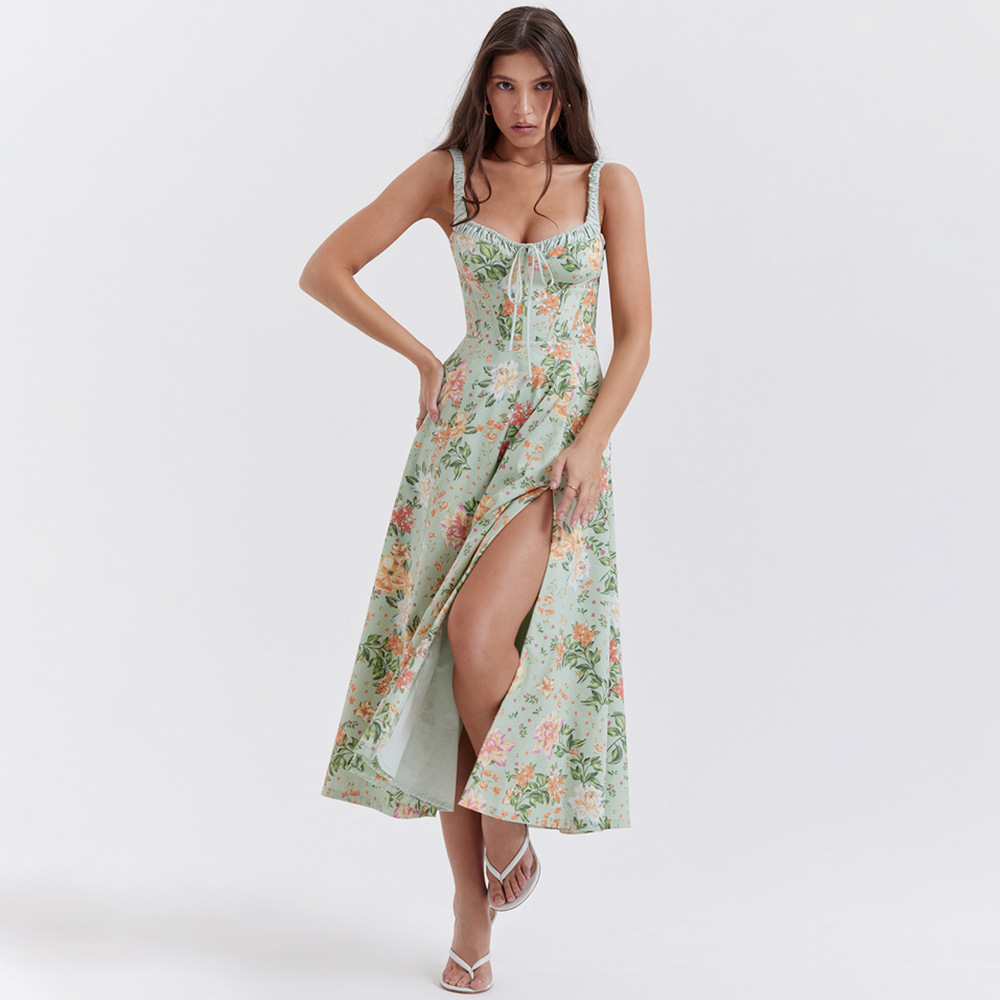 Floral Print Summer Dress Green Side Slit Sexy Padded Holiday Party Dresses Casual Women Dress 2023 New