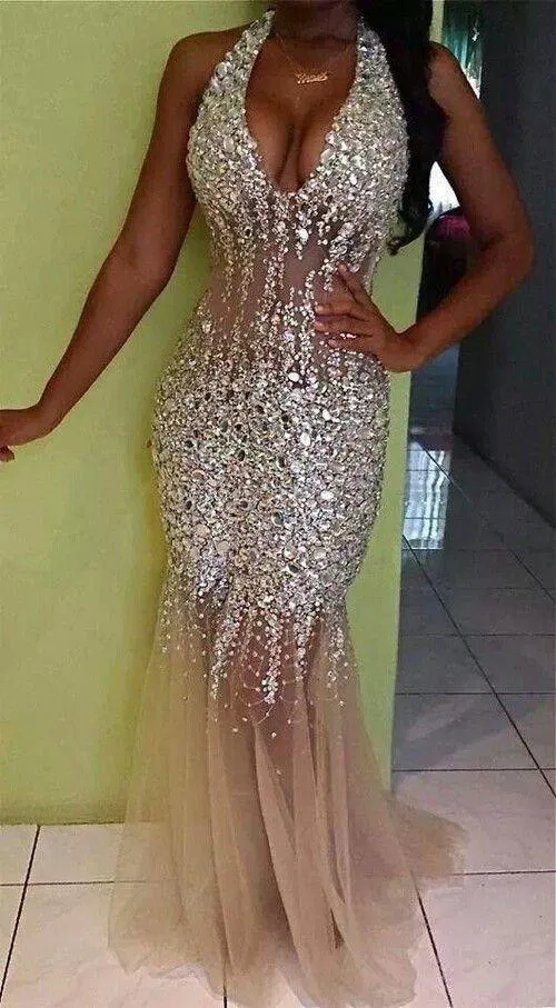 2018 Sexy Bling Mermaid Prom Dresses Halter Deep V Neck Sequined Beads Dress Evening Wear Backless Tulle Crystal Pageant Formal Gowns