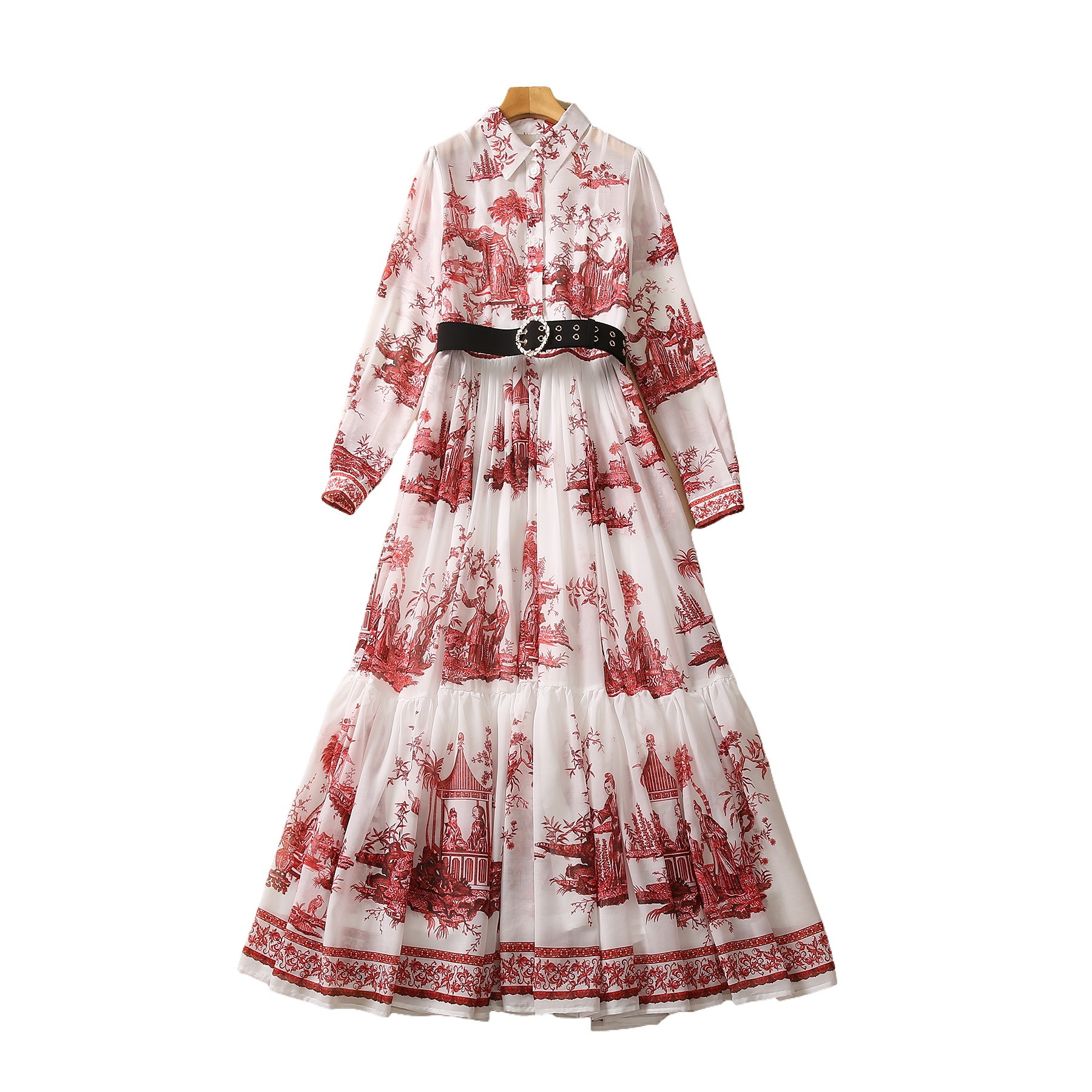 2023 Autumn Red Floral Print Belted Cotton Dress Blue Long Sleeve Lapel Neck Panelled Long Maxi Casual Dresses S3Q020628 Plus Size XXL