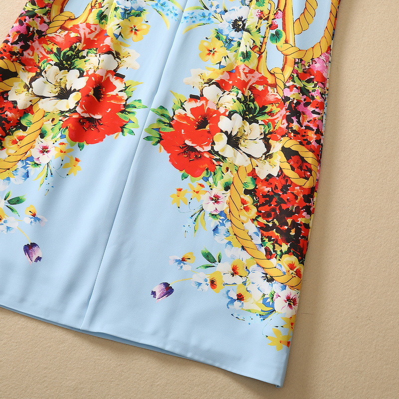 2023 Summer Nero / Blu Floral Stampa con sequestro di perline abiti di cotone manicotto rotondo rotondo abiti casual corta