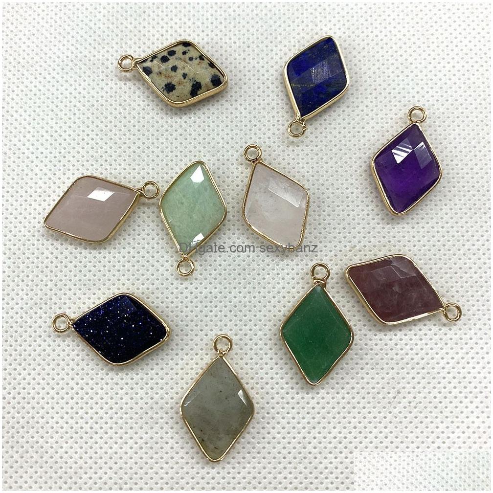 Charms 15x25mm Natural Crystal Stone Rhombus Green Blue Rose Quartz Pendants Gold Edge Trendy för halsbandörhängen smycken som gör Dhmqi