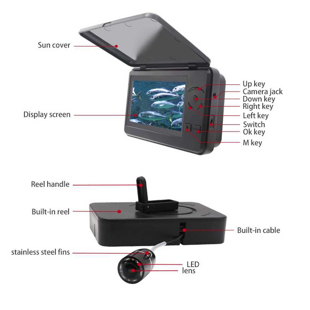 Fish Finder 4.3inch Fishfinder HD Anchor Fish Ice Fishing com Vídeo Subaquático Ice Carp Fishing Camera Lente Grande Angular de 140 Graus 1280