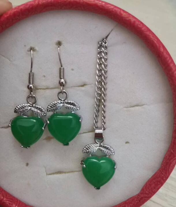 amour coeur vert malais jade 925 argent pendentif collier boucles d'oreilles ensemble 2 pièces ensemble de bijoux