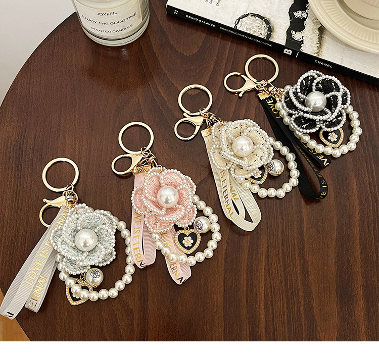 Cute lovely heart fabric flower pearl keychains for women girls car key ring new fashion bag purse charms key chain with gift box