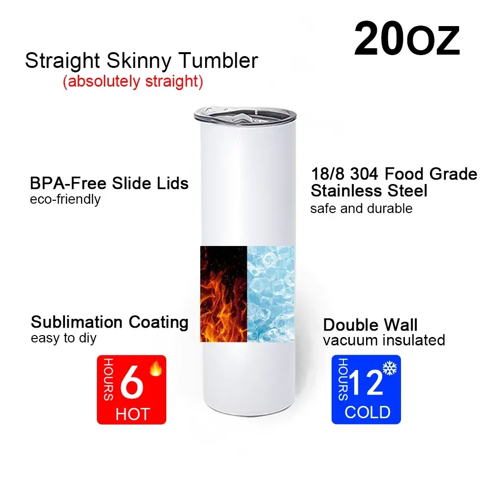 USA CA 2 Days Delivery 20oz white sublimation blanks stainless steel Water Bottles skinny straight sublimation tumblers with straw NEW JY03