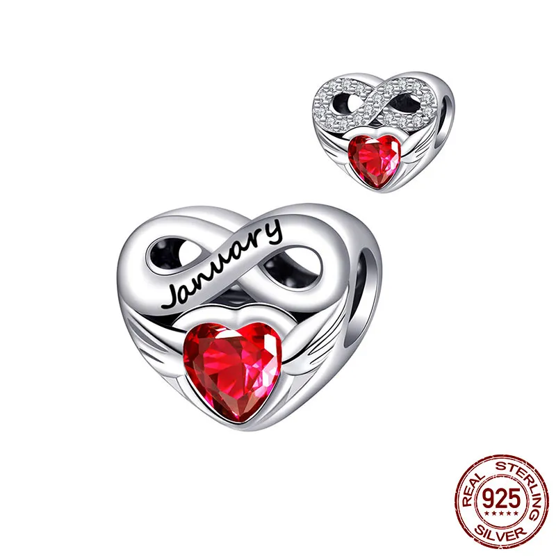 925 Silver Fit Pandora Charm 925 Bracelet Colored Heart-Shaped Birthstone charms set Pendant DIY Fine Beads Jewelry