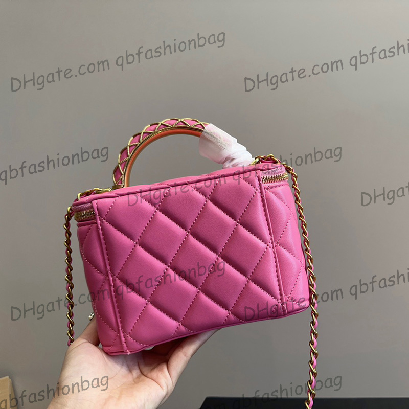 Bolso de tocador acolchado clásico para mujer Fucsia negro con espejo en la parte superior Bolso con asa GHW Estuche para cosméticos con hombro cruzado Dorado Silve1580