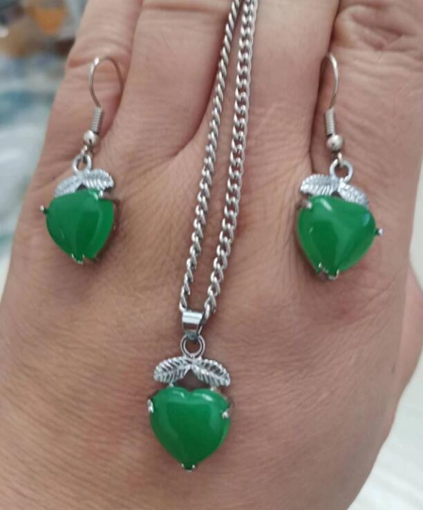 amour coeur vert malais jade 925 argent pendentif collier boucles d'oreilles ensemble 2 pièces ensemble de bijoux