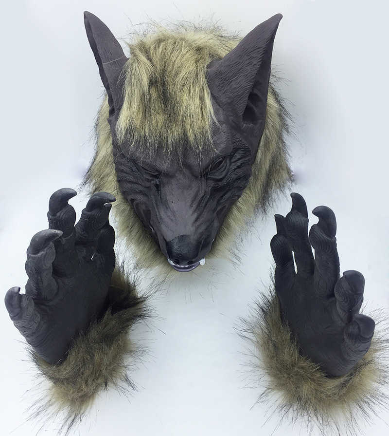 Halloween Skrämmande Mask Nyhet Grishuvud Skräck med hårmasker Caveira Cosplay Kostym Realistisk Latex Festival Tillbehör Wolf Mask L230704