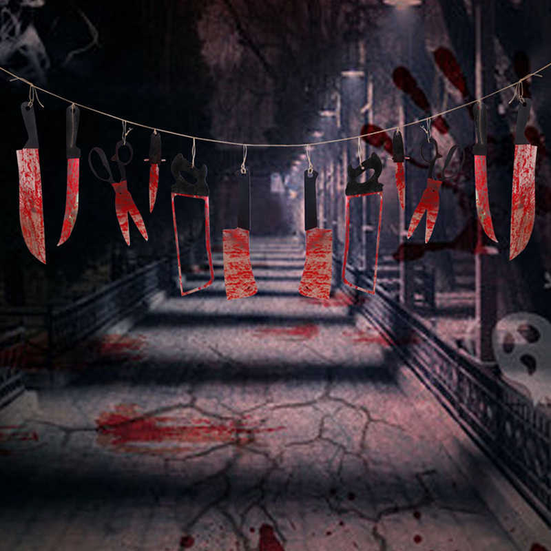 Neue 12 teile/los Halloween Kunststoff Blut Messer Werkzeuge Sets Horror Spooky Spukhaus Hängen Messer Girlande Banner Halloween Dekoration