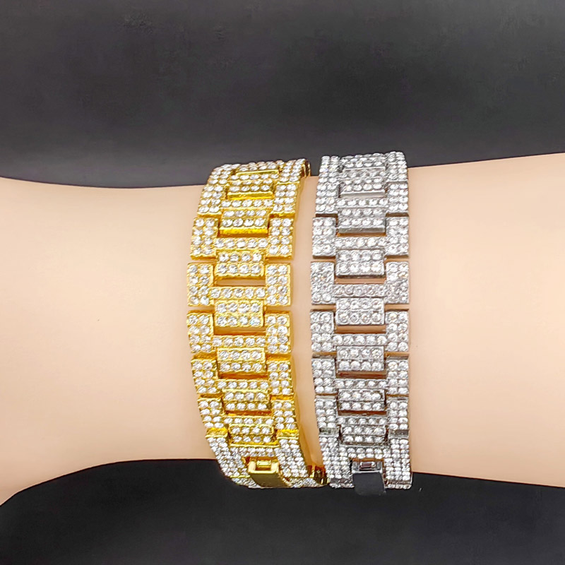 Hip-hopowe męskie bransoletki z cyrkoniami Watchband bransoletka raper Rocker Punk Iced Out Bling biżuteria 16mm złoto srebro kobiety łańcuszek na kostkę akcesoria