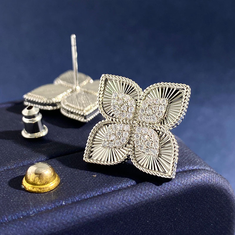 New designed Ear studs Luxurious carved design diamond studded four petal flower women's earrings Designer Jewelry P05