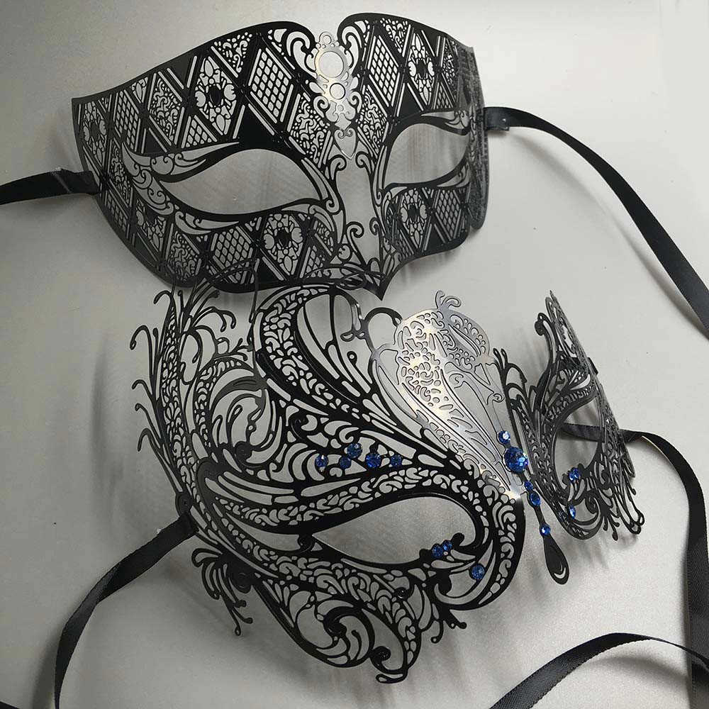 Black Silver Gold Metal Filigree Laser Cut Couple Venetian Party Mask Wedding Ball Mask Halloween Masquerade Costume Masker Set L230704