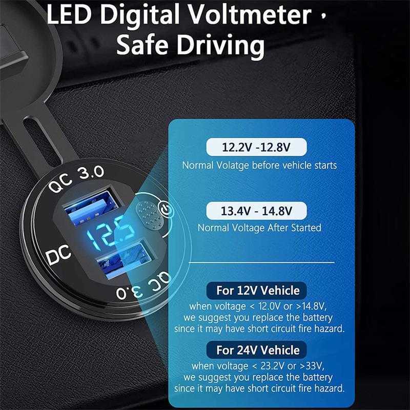 Upgrade 12/24v aluminiowy metal 36 W QC3.0 Dwukrotnie ładowarka samochodowa USB Gniazdo wodoodporne z przełącznikiem Voltmeter Szybki szybki adapter ładowania