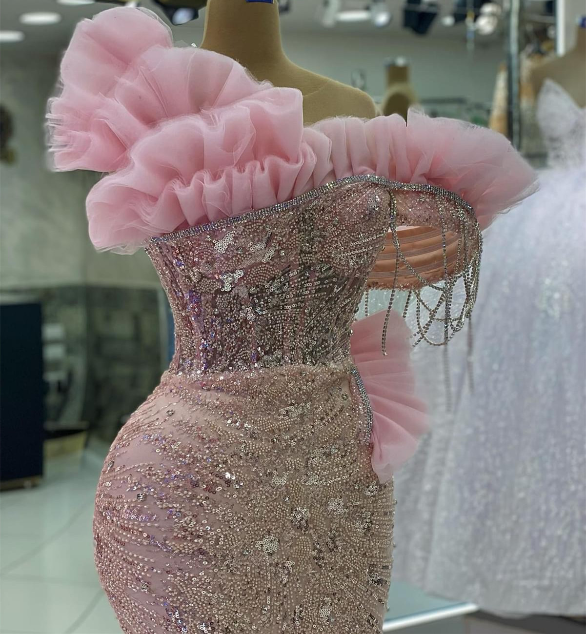 2023 Aso Ebi Pink Mermaid Prom Dress Sequined Lace Evening Formal Party Second Reception Birthday Bridesmaid Engagement Gowns Dresses Robe De Soiree ZJ690