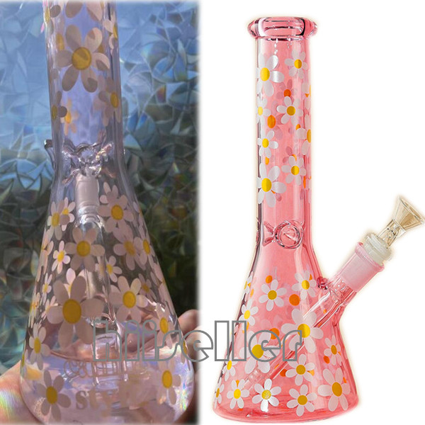 Pink Daisy Glass Water Bong Heady Dab Rigs Narghilè Downstem Perc beaker Base Oil Bong Smoke Pipe Con 14mm Bowl 25cm di altezza