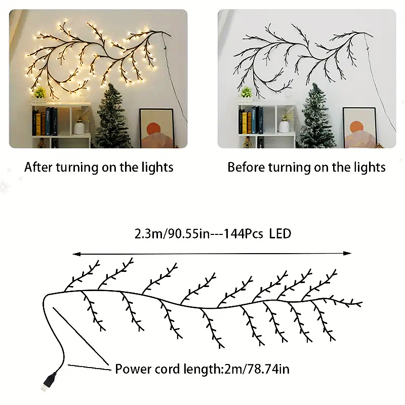 Luce a LED Ramo di un albero Luce di salice Luce di albero in rattan Albero di Natale Decorazione di luce Luce notturna calda luci di stringa di vite bianche 144LED alimentate tramite USB