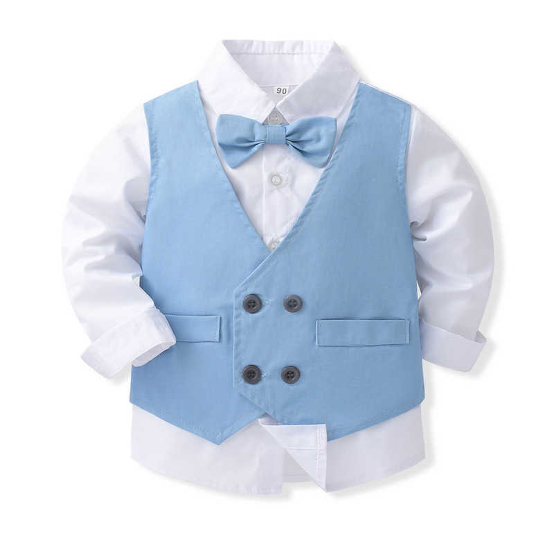 Kostymer Formell Byxa Barnkläder Pojkkostym Eleganta kläder Blå Baby Boys Outfit Match Gentleman Skjorta Knytväst 3st Set Barn FödelsedagHKD230704