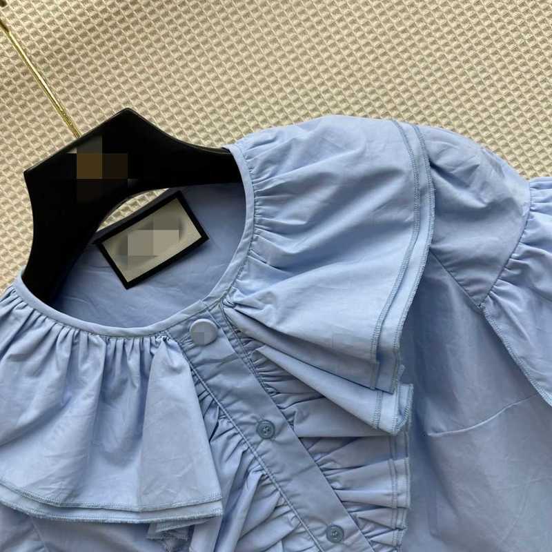 Camicette da donna Camicie firmate Alla moda Riduzione dell'età Maniche a bolle Girocollo Camicia di seta di cotone arruffato Sottile e carino Stile Academy Blu 1YPN