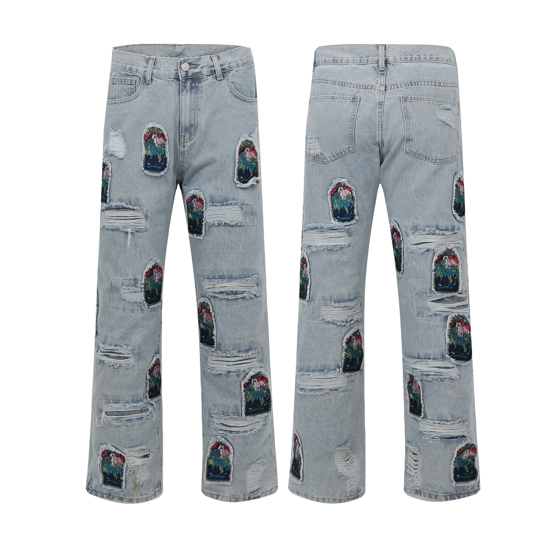 Personality Ripped Patch Jeans Pantalon long tout-en-un à jambe droite pour homme